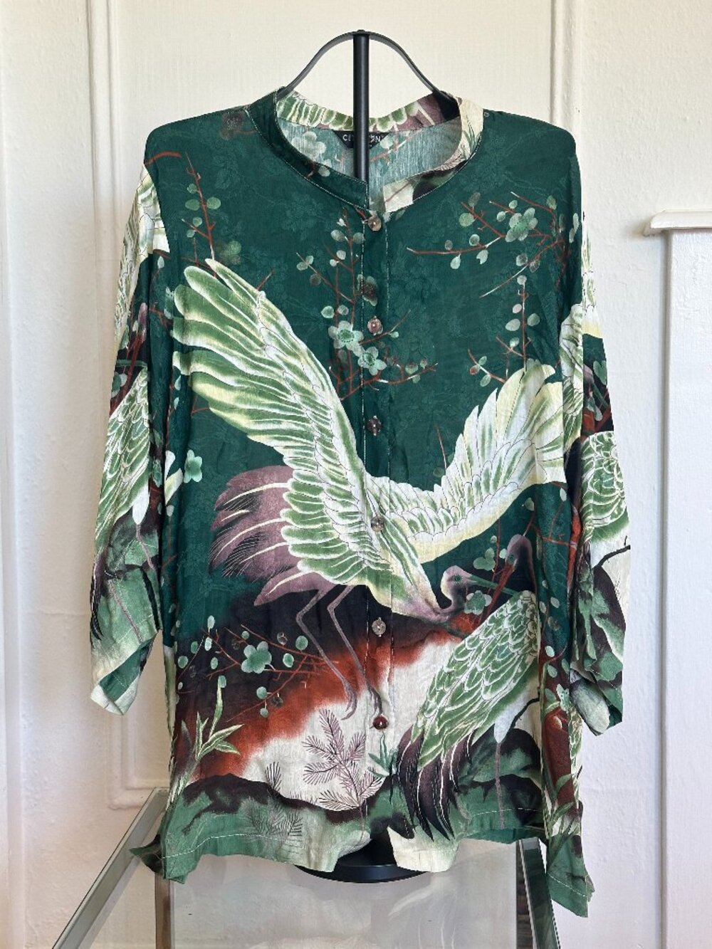 Citron Santa Monica Crane Print Blouse 3X Silk Blend Art to Wear Green Top